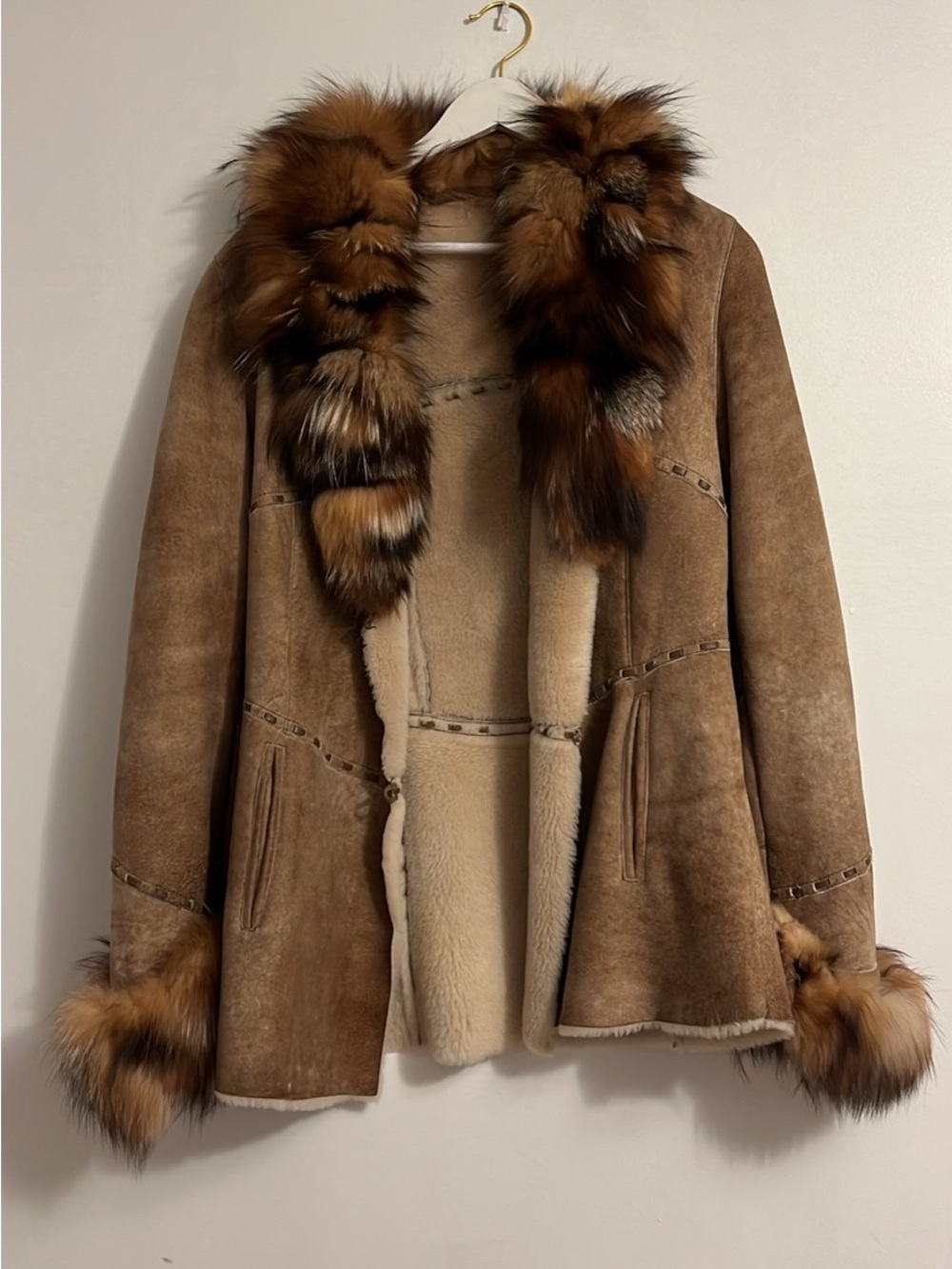 Women's Brown Shearling Coat with Fur Trim